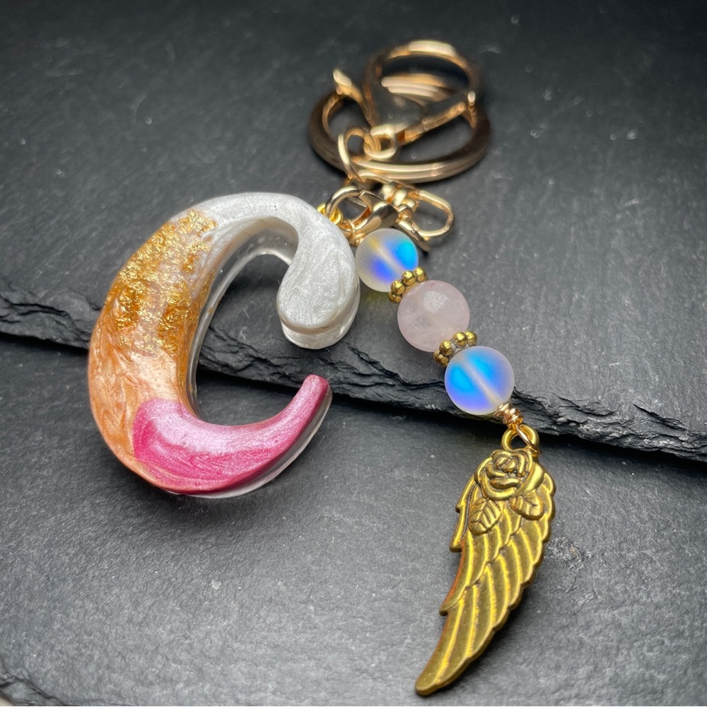 Custom Orange and Pink Letter “C”Keychain with Rose Quartz and Gold Wing Charm - Picture 8 of 9